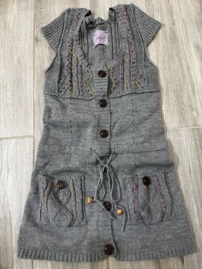 Grey Knit Button-Front Dress with Tie Waist